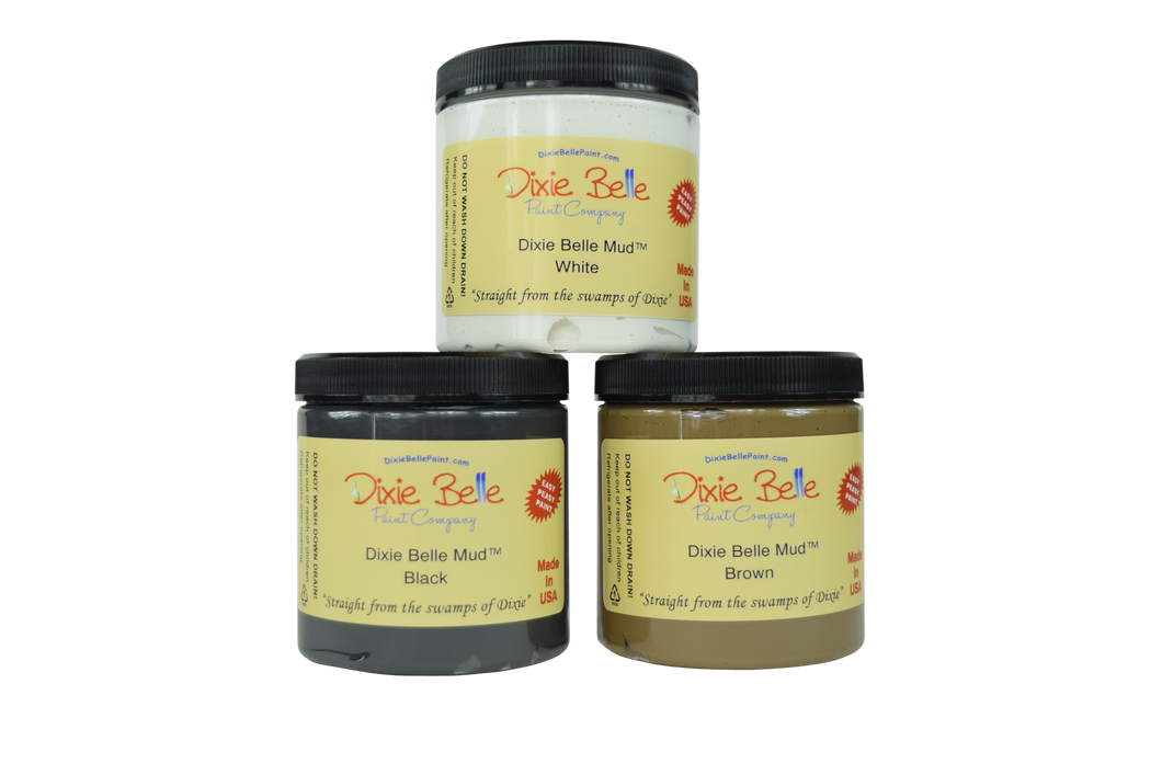 Dixie Belle Mud can be used for repairs, embellishment, and special effects.   It can be used to fill veneer, gouges, scrapes and holes. You can even create impressions with stamps and other elements!  Learn more on the Dixie Belle Paint Company Blog.  8 oz. Also available in Black and Brown.