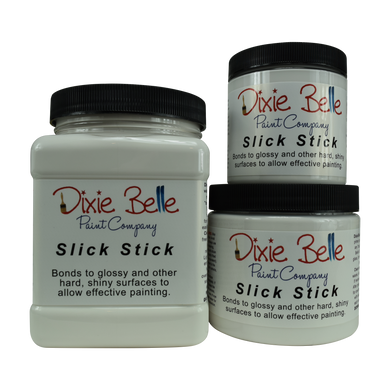 Slick Stick allows you to paint shiny, slick, or slippery surfaces with ease! Surfaces like PVC, glass, Formica, laminate, metal, and more are easily painted and stay painted.   Slick Stick is a problem solving product and not need for every project.  First, clean your piece with White Lightning. Paint one coat of Slick Stick and let dry for 2-3 hours. Apply a second coat of Slick Stick and let dry overnight.  Learn more on the Dixie Belle Paint Company Blog.