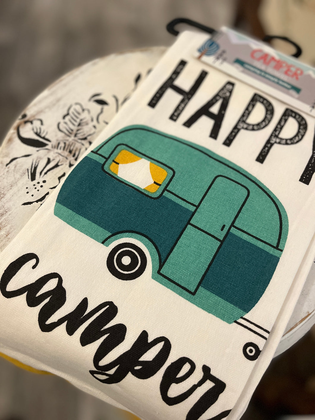 “Happy camper” tea towel